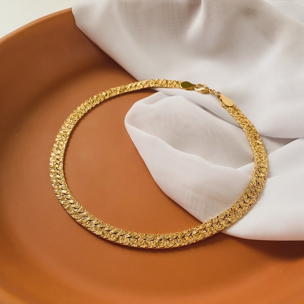 Gold Nugget Textured Flat Curb Chain Chic Simple Elegant Collar Necklace
